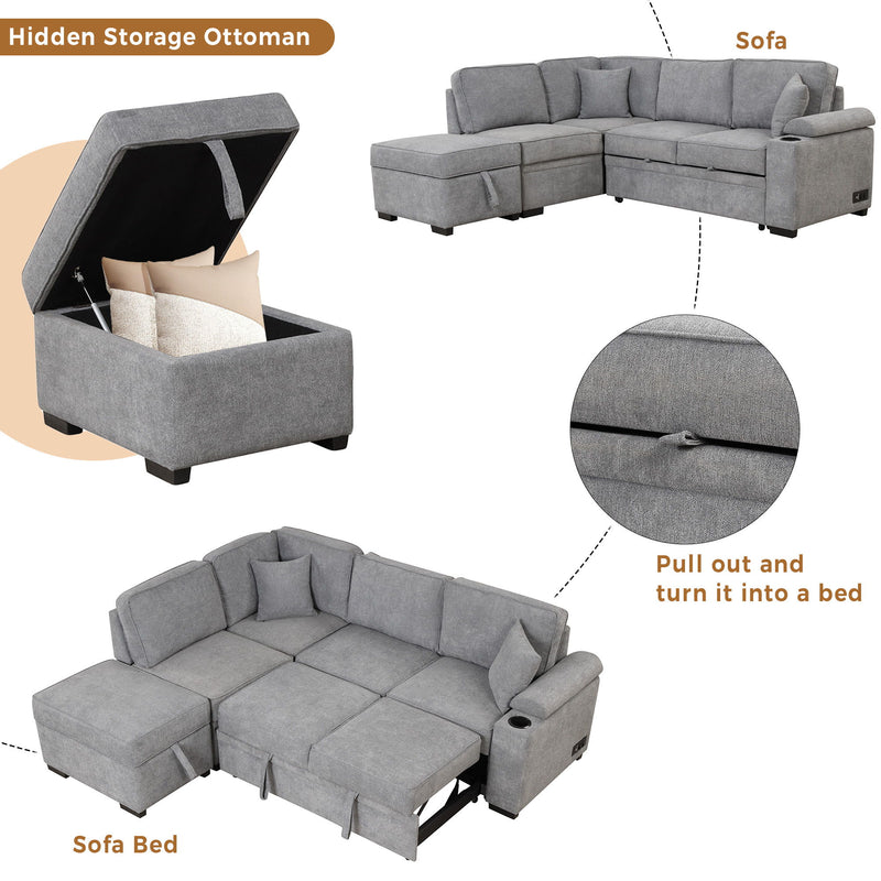 87.4" Sleeper Sofa Bed, 2 In 1 Pull Out Sofa Bed L Shape Couch With Storage Ottoman For Living Room, Bedroom Couch And Small Apartment, Gray