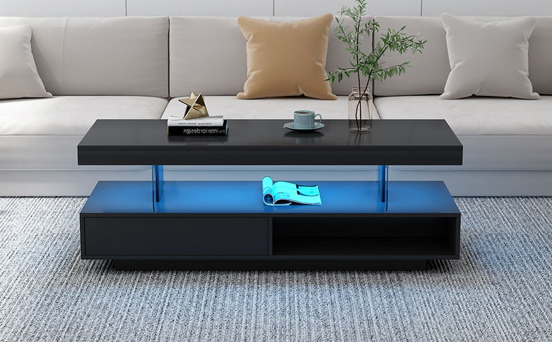 U-Can Led Coffee Table With Storage, Modern Center Table With 2 Drawers And Display Shelves, Accent Furniture With Led Lights For Living Room, Black