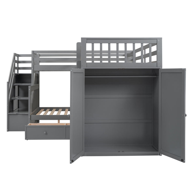 Twin-Twin Over Full L-Shaped Bunk Bed With 3 Drawers, Portable Desk And Wardrobe, Gray