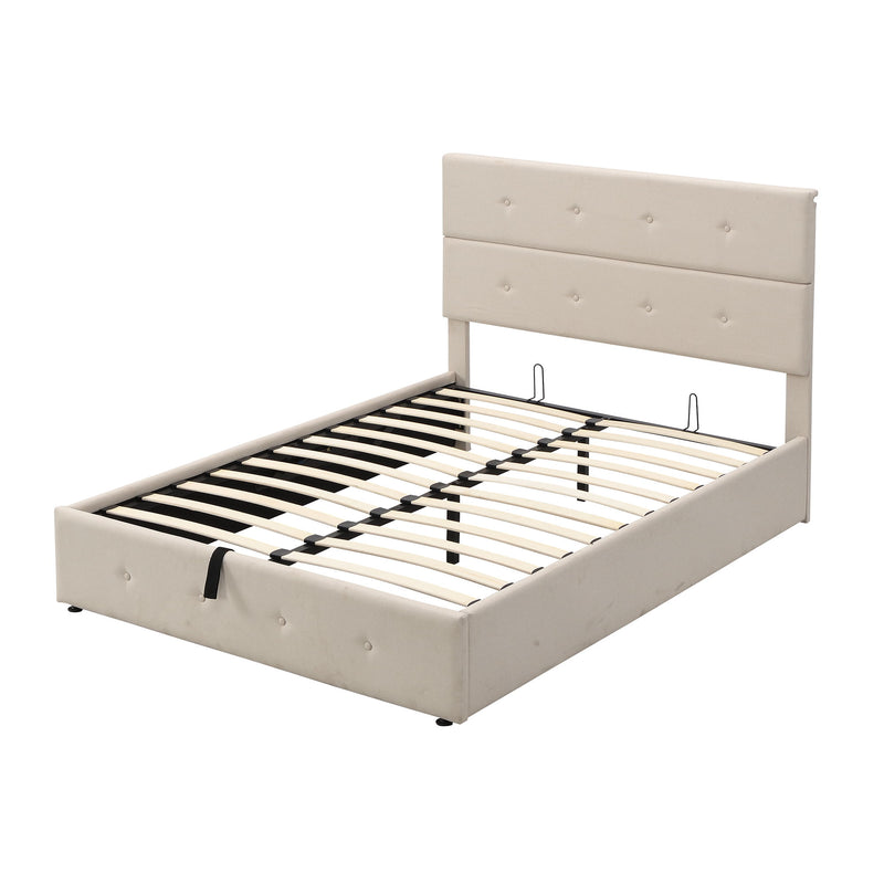 Upholstered Platform Bed With Underneath Storage, Full Size, Beige