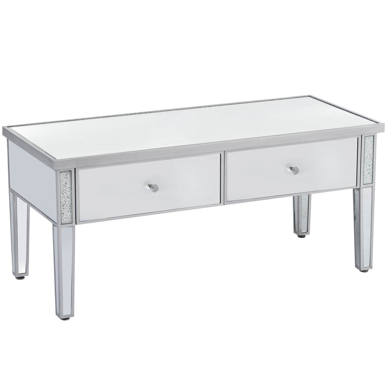 On-Trend Modern Glass Mirrored Coffee Table With 2 Drawers, Cocktail Table With Crystal Handles And Adjustable Height Legs For Living Room, Silver