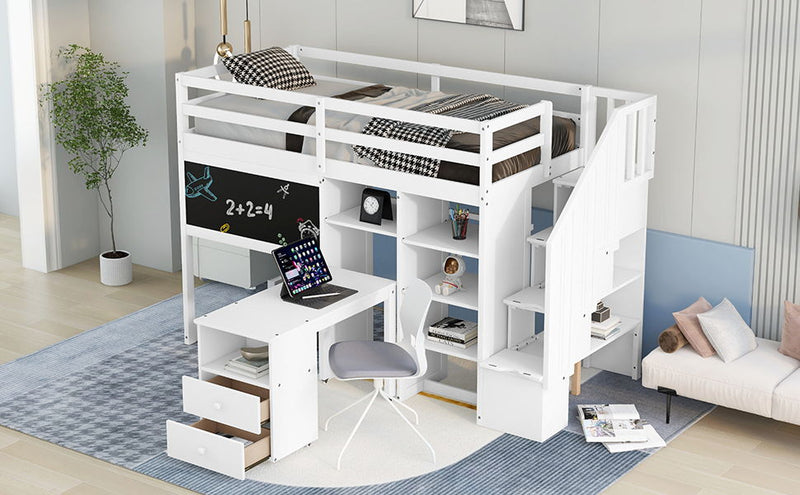 Twin Size Loft Bed With Pullable Desk And Storage Shelves, Staircase And Blackboard, White