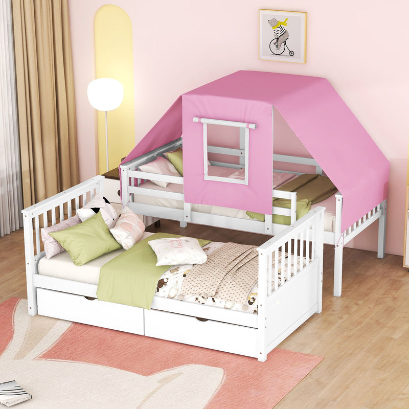 Twin Over Twin Bunk Bed Wood Bed With Tent And Drawers, White / Pink Tent