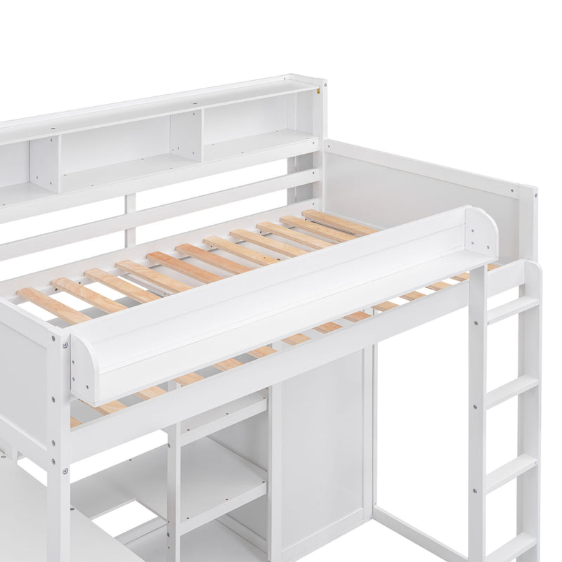Wood Twin Size Loft Bed With Multiple Storage Shelves And Wardrobe, White