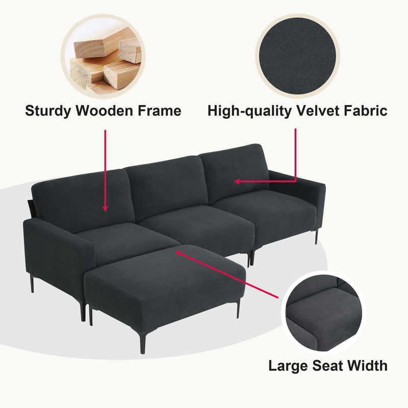 Modern L-Shaped Sectional Sofa, 4 - Seat Velvet Fabric Couch Set With Convertible Ottoman, Freely Combinable Sofa For Living Room, Apartment, Office, Apartment