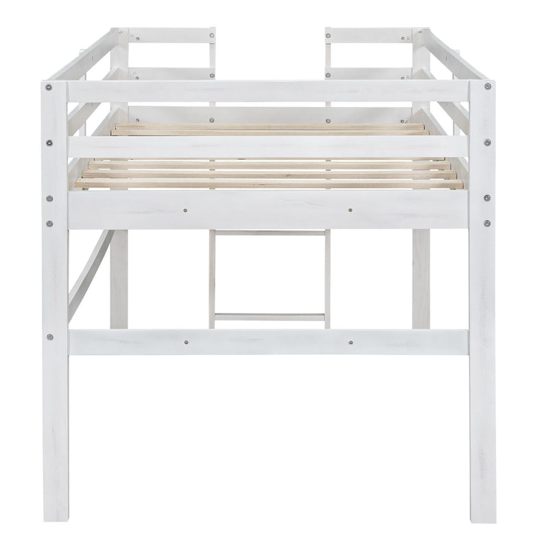 Wood Twin Size Loft Bed With Side Ladder, Antique White