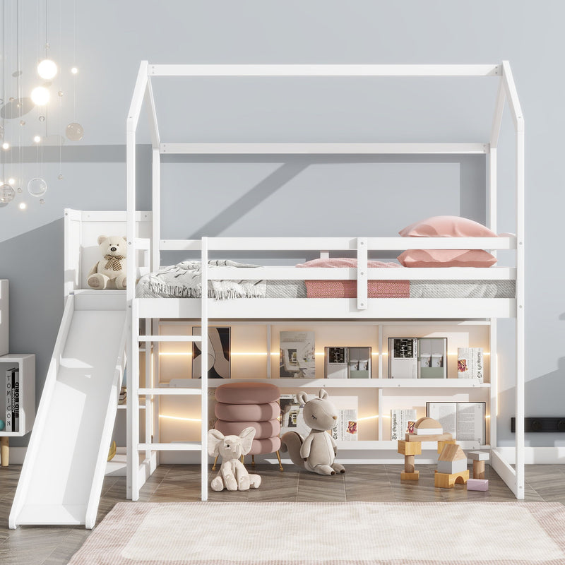 Twin Size Wood House Loft Bed With Slide, Storage Shelves And Light, White