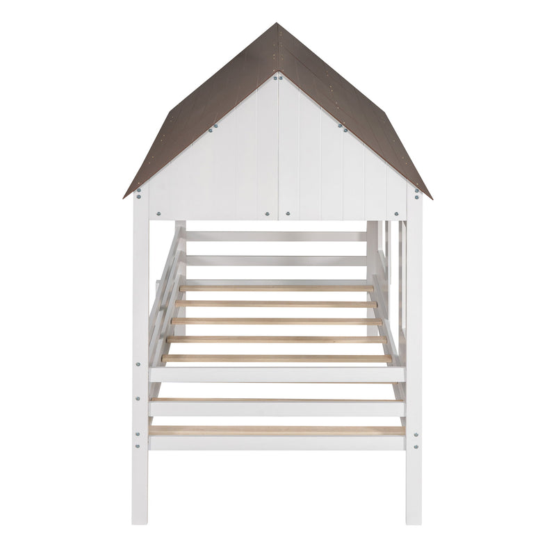 Twin Size Low Loft Wood House Bed With Two Front Windows, (White / Brown Roof)