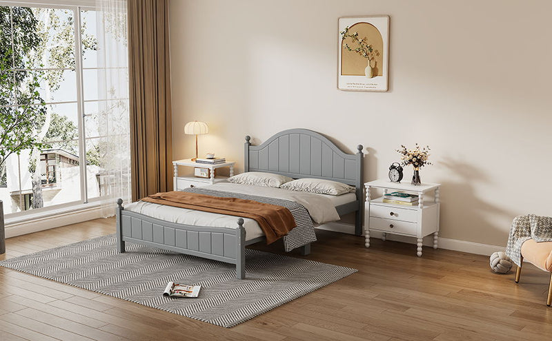 3 Pieces Bedroom Sets Traditional Concise Style Gray Solid Wood Platform Bed With 2 Nightstands, No Need Box Spring, Full