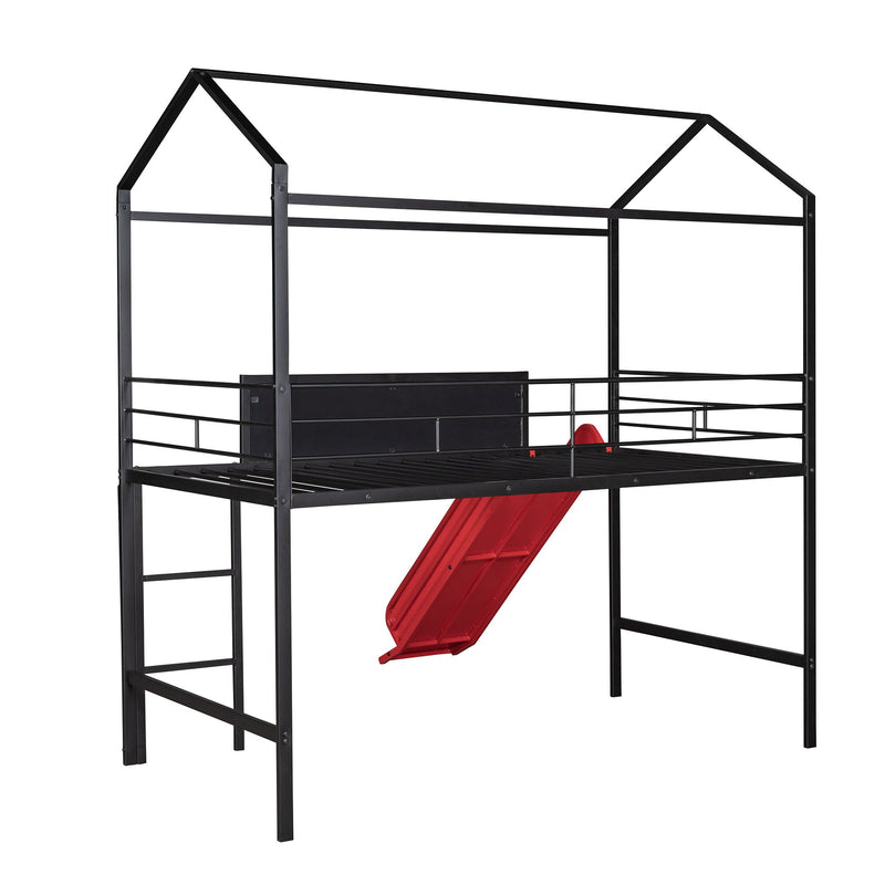 Metal House Bed With Slide, Twin Size Metal Loft Bed With Two - Sided Writable Wooden Board (Black And Red)