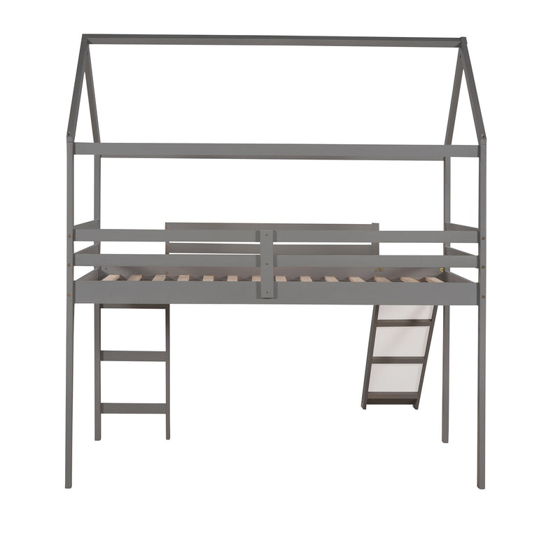 Twin Loft Bed With Slide, House Bed With Slide - Gray
