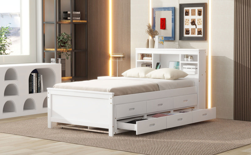Twin Size Platform Bed With Storage Headboard, USB, Twin Size Trundle And 3 Drawers, White