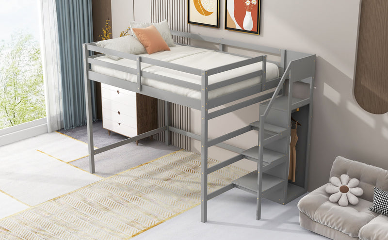 Full Size Loft Bed With Built-In Storage Wardrobe And Staircase - Gray