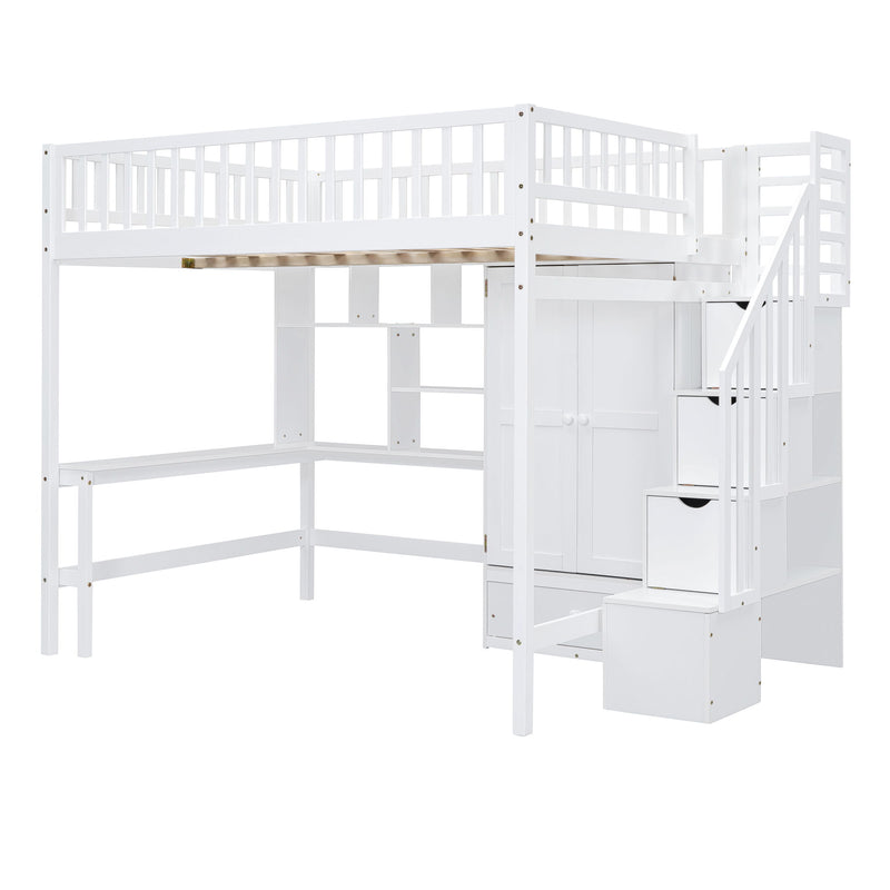 Full Size Loft Bed With Bookshelf, Drawers, Desk, And Wardrobe, White