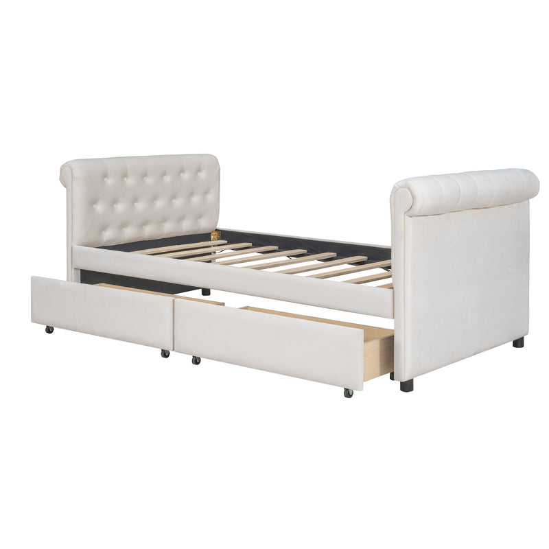 Twin Size Upholstered Daybed, Drawers, Wood Slat Support - Beige