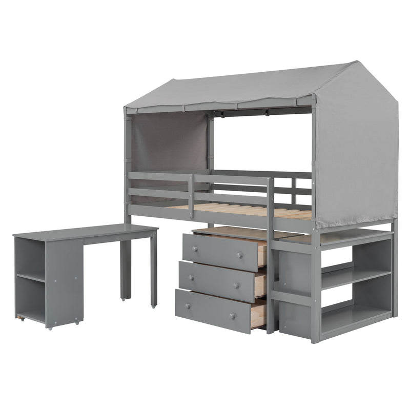 Twin Size Loft Bed With Rolling Cabinet, Shelf And Tent - Gray