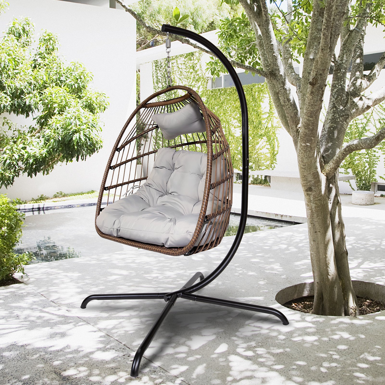 Swing Egg Chair with Stand Indoor Outdoor Wicker Rattan Patio Basket Hanging Chair with C Type bracket , with cushion and pillow,Patio Wicker folding Hanging Chair - Atlantic Fine Furniture Inc
