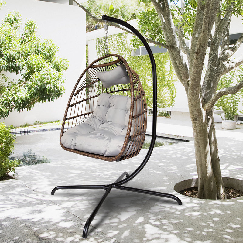 Swing Egg Chair with Stand Indoor Outdoor Wicker Rattan Patio Basket Hanging Chair with C Type bracket , with cushion and pillow,Patio Wicker folding Hanging Chair - Atlantic Fine Furniture Inc