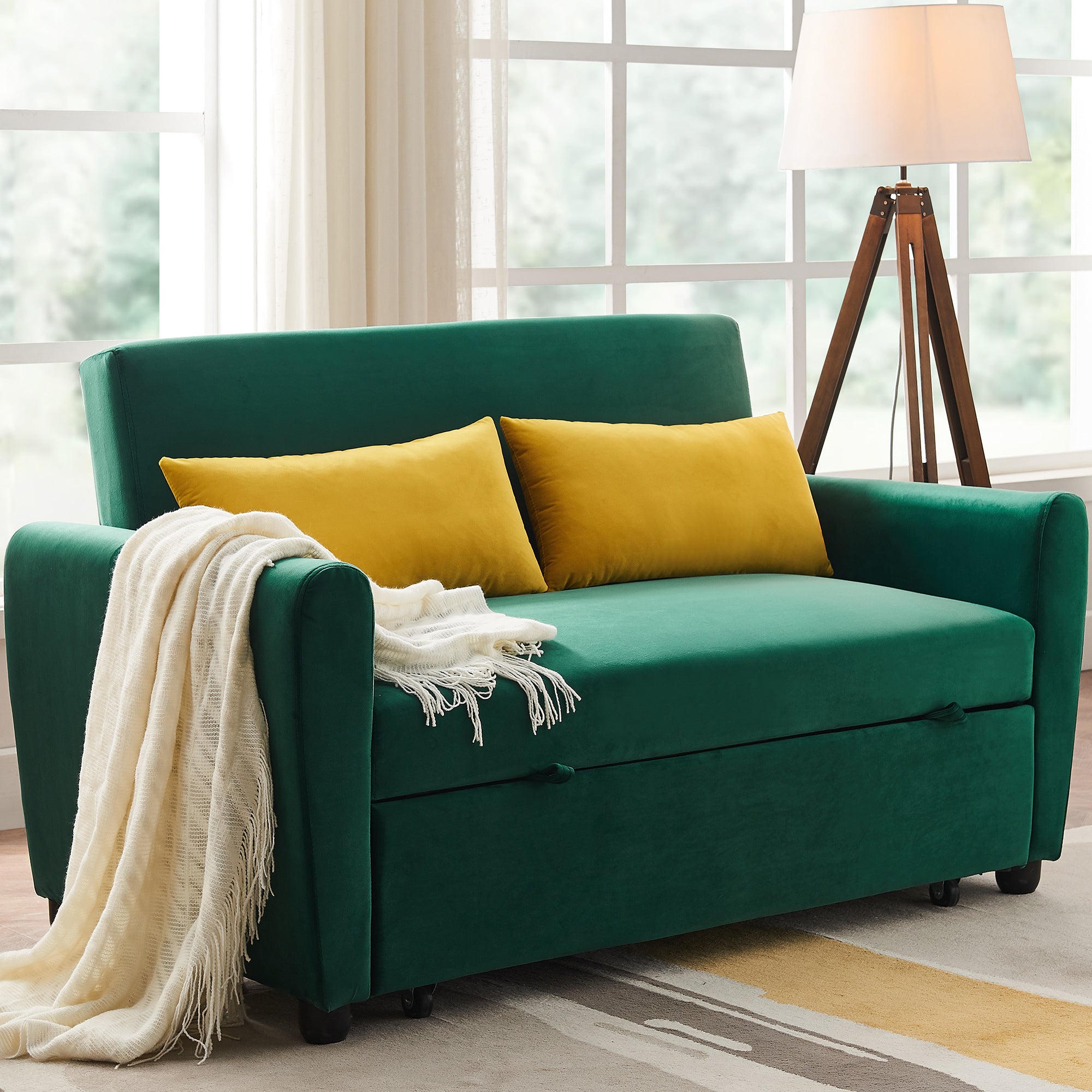 [VIDEO provided]55" Modern Velvet Sofa with Pull-Out Sleeper Bed with 2 Pillows Adjustable Backrest for Small Spaces Green - Atlantic Fine Furniture Inc