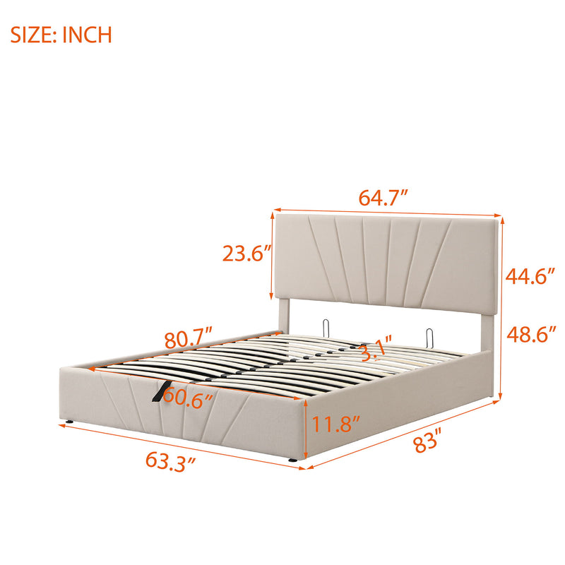 Queen Size Upholstered Platform Bed With A Hydraulic Storage System Beige