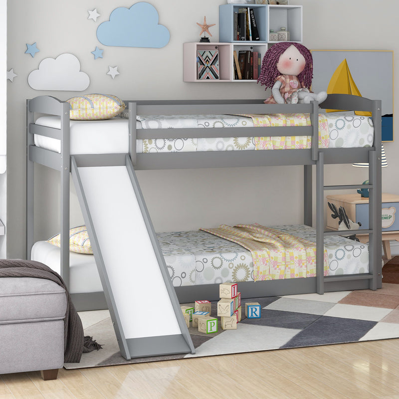 Twin Over Twin Bunk Bed With Convertible Slide And Ladder - Gray