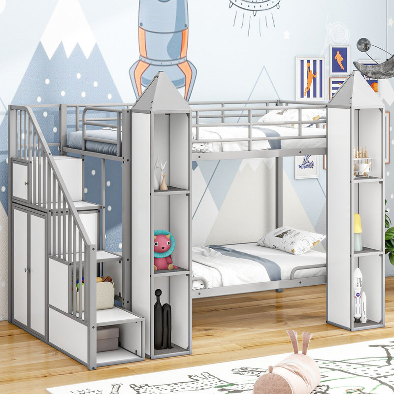 Metal Twin Over Twin Castle-Shaped Bunk Bed With Wardrobe And Multiple Storage, Gray / White