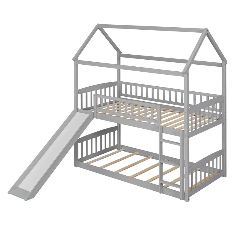 Twin Over Twin Bunk Bed With Slide, House Bed With Slide, Gray