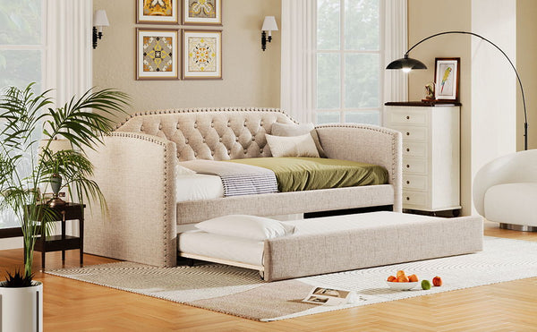 Twin Size Upholstered Daybed With Trundle For Guest Room, Small Bedroom, Study Room, Beige