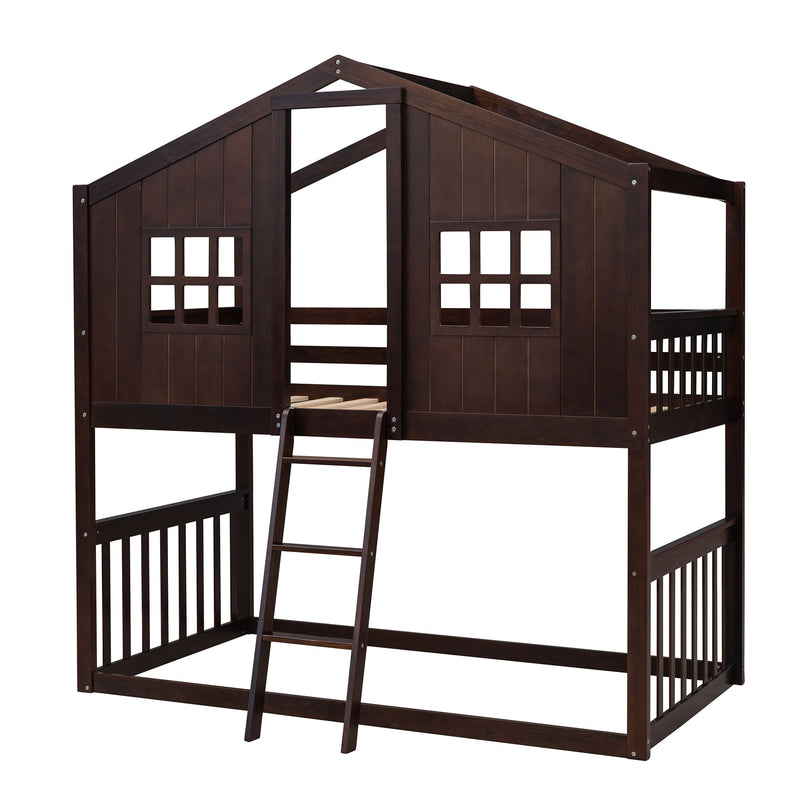 Twin Over Twin House Bunk Bed With Ladder, Wood Bed - Espresso