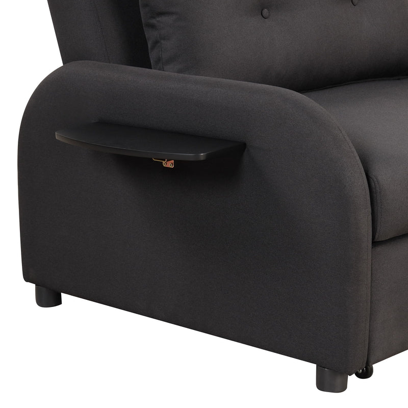 Pull Out Sofa Sleeper 3 In 1 With 2 Wing Table And Usb Charge For Nap Line Fabric For Living Room Recreation Room Black