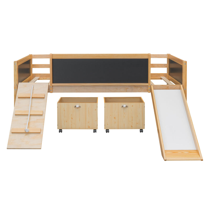 Twin Size Loft Bed Wood Bed With Two Storage Boxes - Natrual