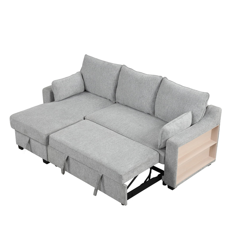Pull Out Sleeper Sofa L Shaped Couch Convertible Sofa Bed With Storage Chaise, Storage Racks, Type C And USB Ports, Light Grey