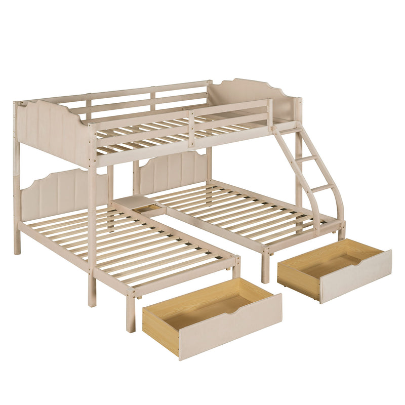 Full Over Twin & Twin Bunk Bed, Velvet Triple Bunk Bed With Drawers And Guardrails, Beige