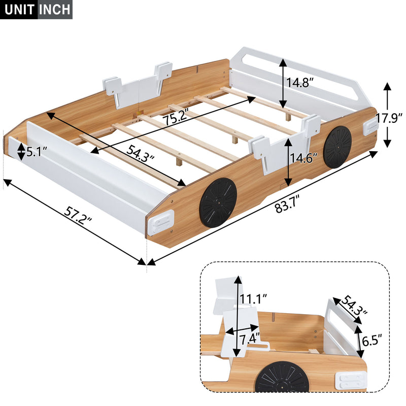 Wood Full Size Racing Car Bed With Door Design And Storage, Natural + White + Black