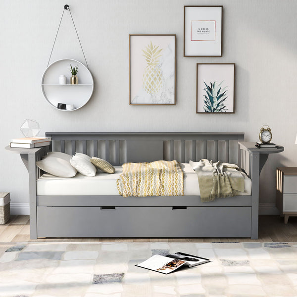 Twin Wooden Daybed With Trundle Bed, Sofa Bed For Bedroom Living Room, Gray