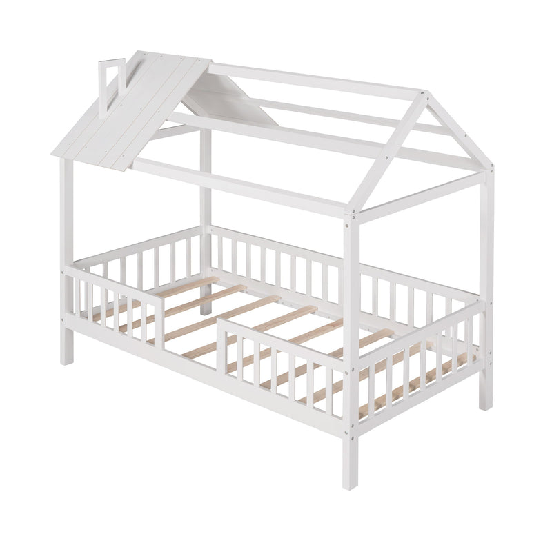 Twin Size Wood House Bed With Fence, White