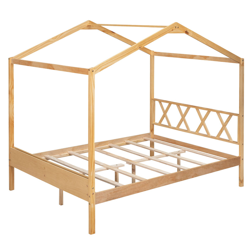 Full Size Wood House Bed With Storage Space, Natural