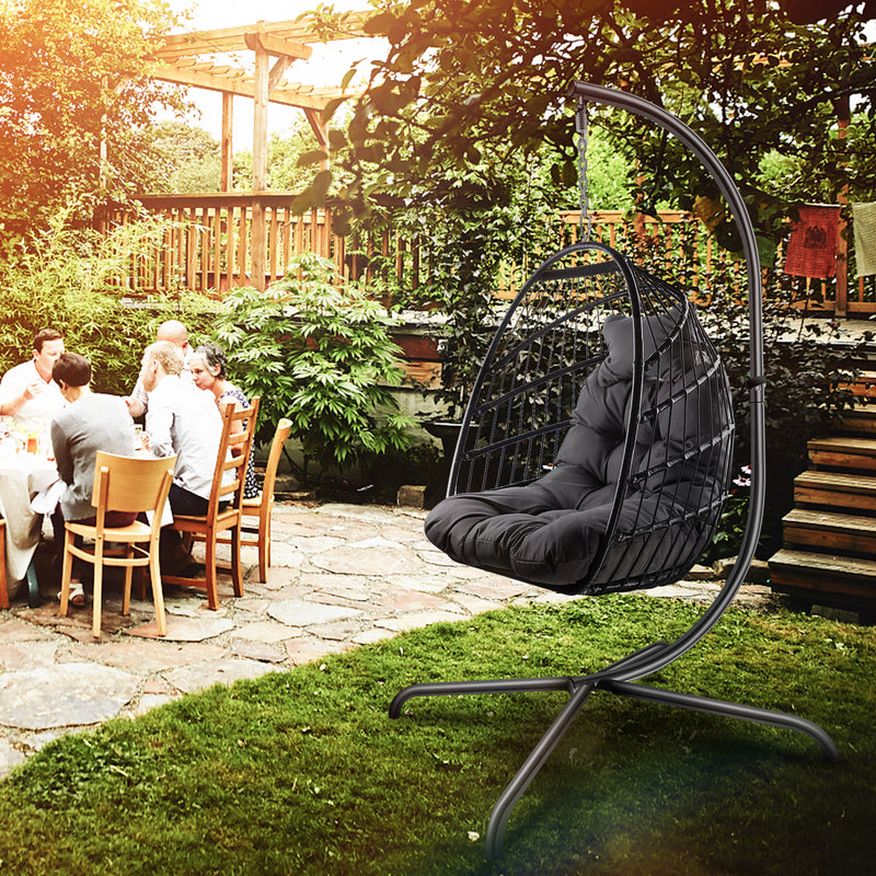 Swing Egg Chair with Stand Indoor Outdoor Wicker Rattan Patio Basket Hanging Chair with C Type bracket , with cushion and pillow,Patio Wicker folding Hanging Chair( Black New arrivals within 10 days) - Atlantic Fine Furniture Inc