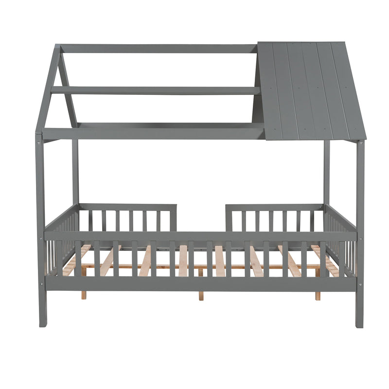 Full Size Wood House Bed With Fence, Gray