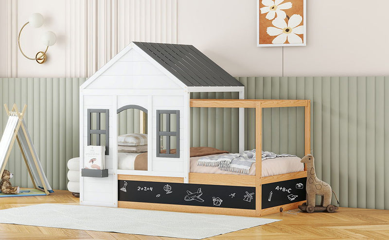 Twin Size House Shaped Canopy Bed With Black Roof And White Window, Blackboard And Little Shelf, White