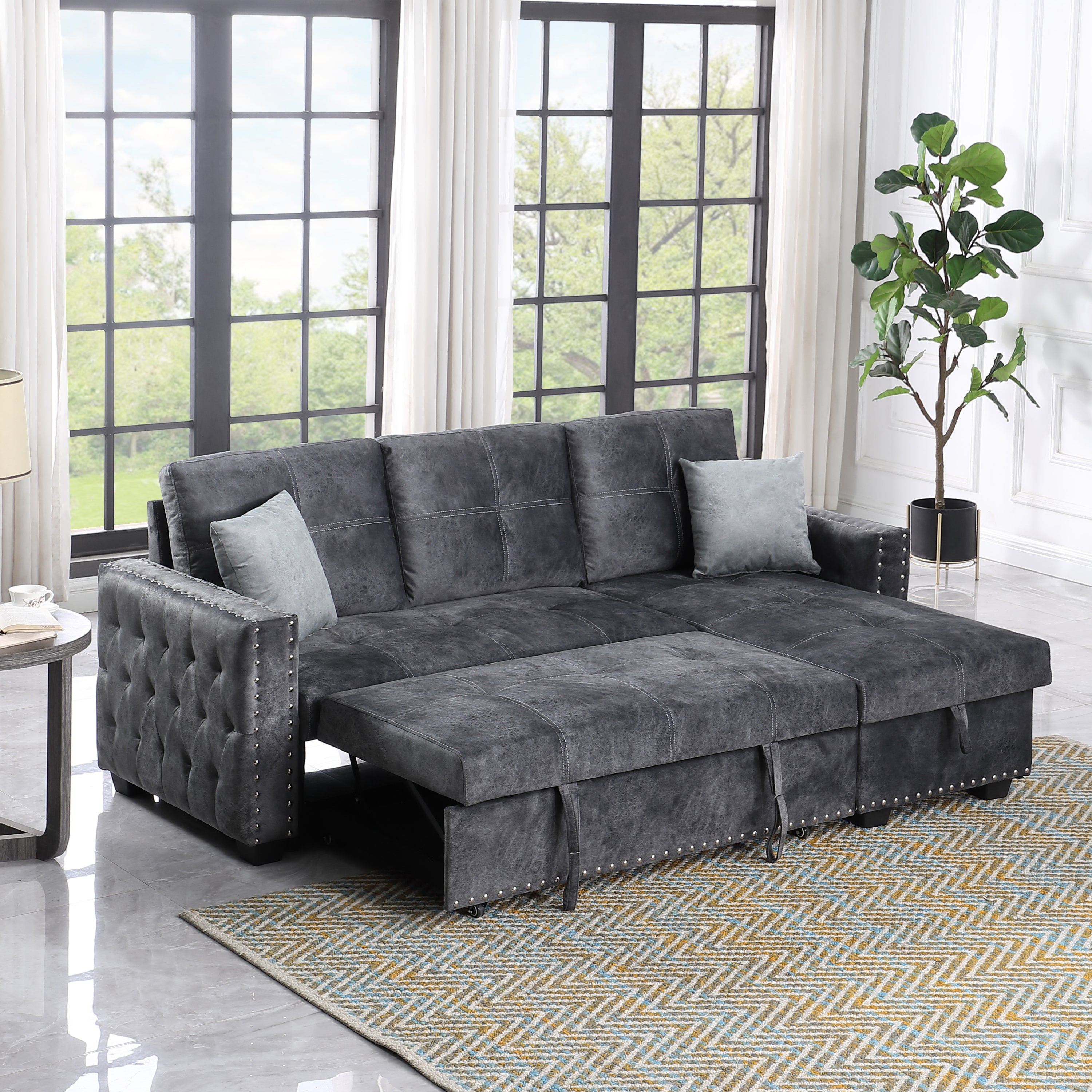 Reversible Sleeper Sectional Storage Sofa Bed,Corner Sofa-Bed With Storage,3 Seat Both Left Handed And Right Handed, Nailheaded - Atlantic Fine Furniture Inc