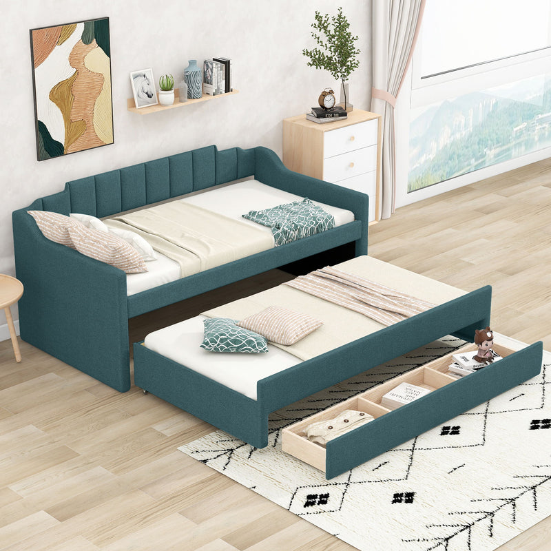 Twin Size Upholstered Daybed With Trundle And Three Drawers, Green