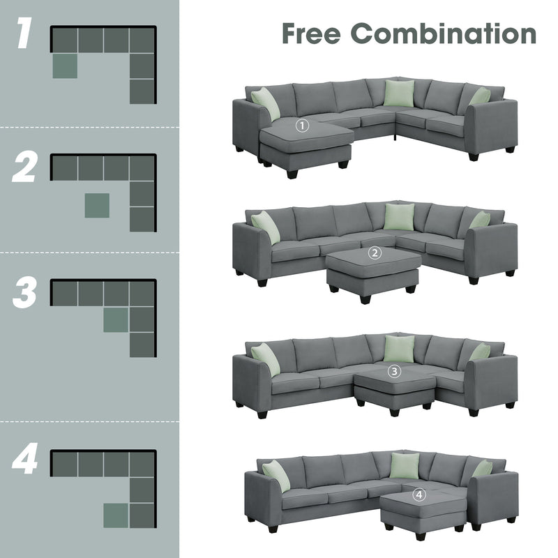 112*87" Sectional Sofa Couches Living Room Sets 7 Seats Modular Sectional Sofa With Ottoman L Shape Fabric Sofa Corner Couch Set With 3 Pillows, Grey