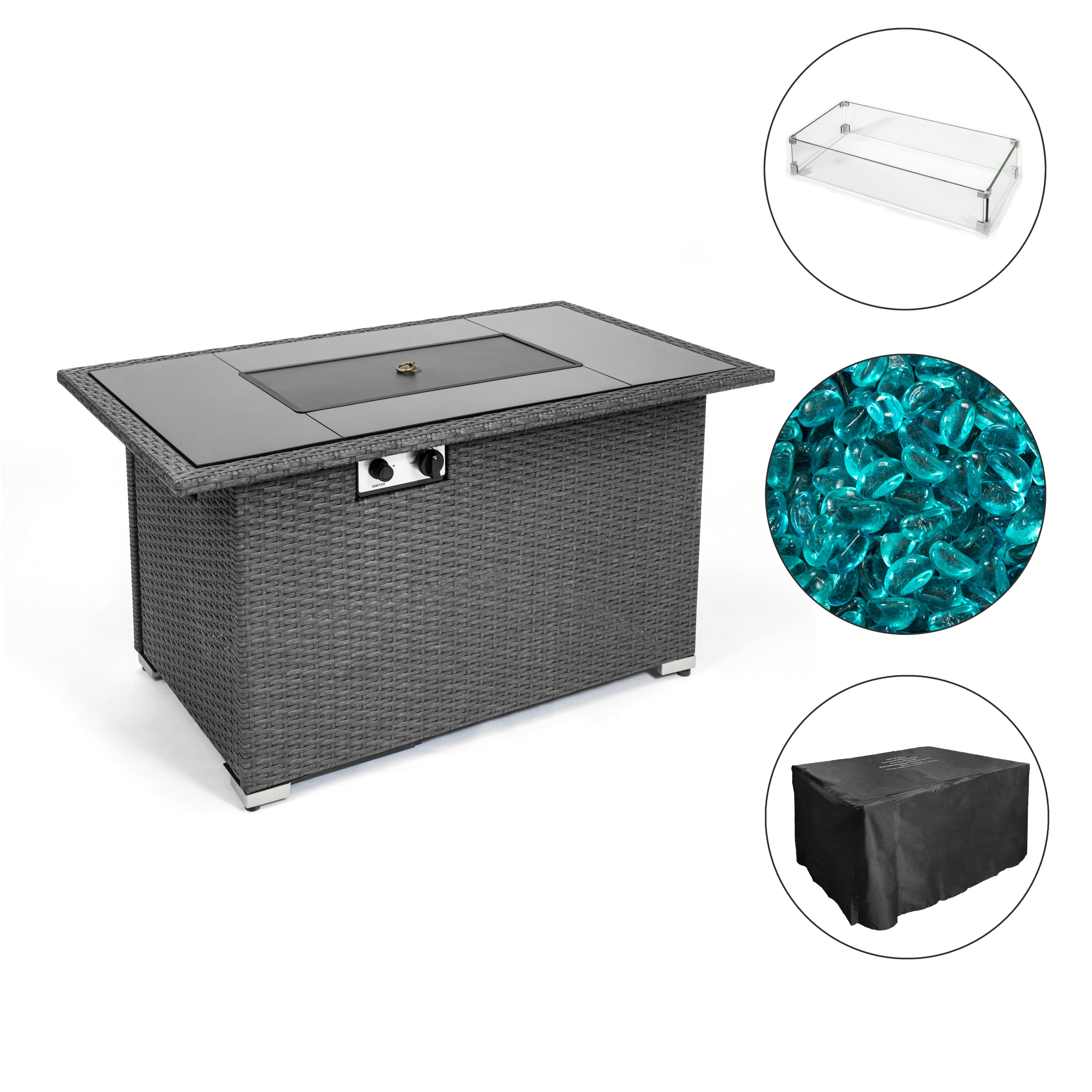 Outdoor 44" Gas Propane Fire pit  Table  Rectangle  50,000 BTU with  8mm Tempered Glass Tabletop & Blue Stone& Steel table lid &Table waterproof dusty Cover ,ETL Certification (Grey) - Atlantic Fine Furniture Inc