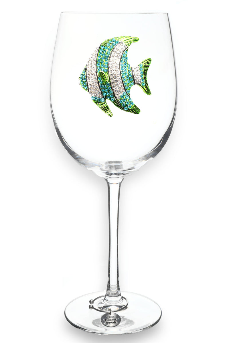 Turquoise Tropical Fish Jeweled Stemmed Wine Glass