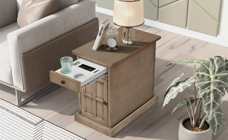 U-Can Classic Vintage Livingroom End Table Side Table With USB Ports And One Multifunctional Drawer With Cup Holders, Antique Brown