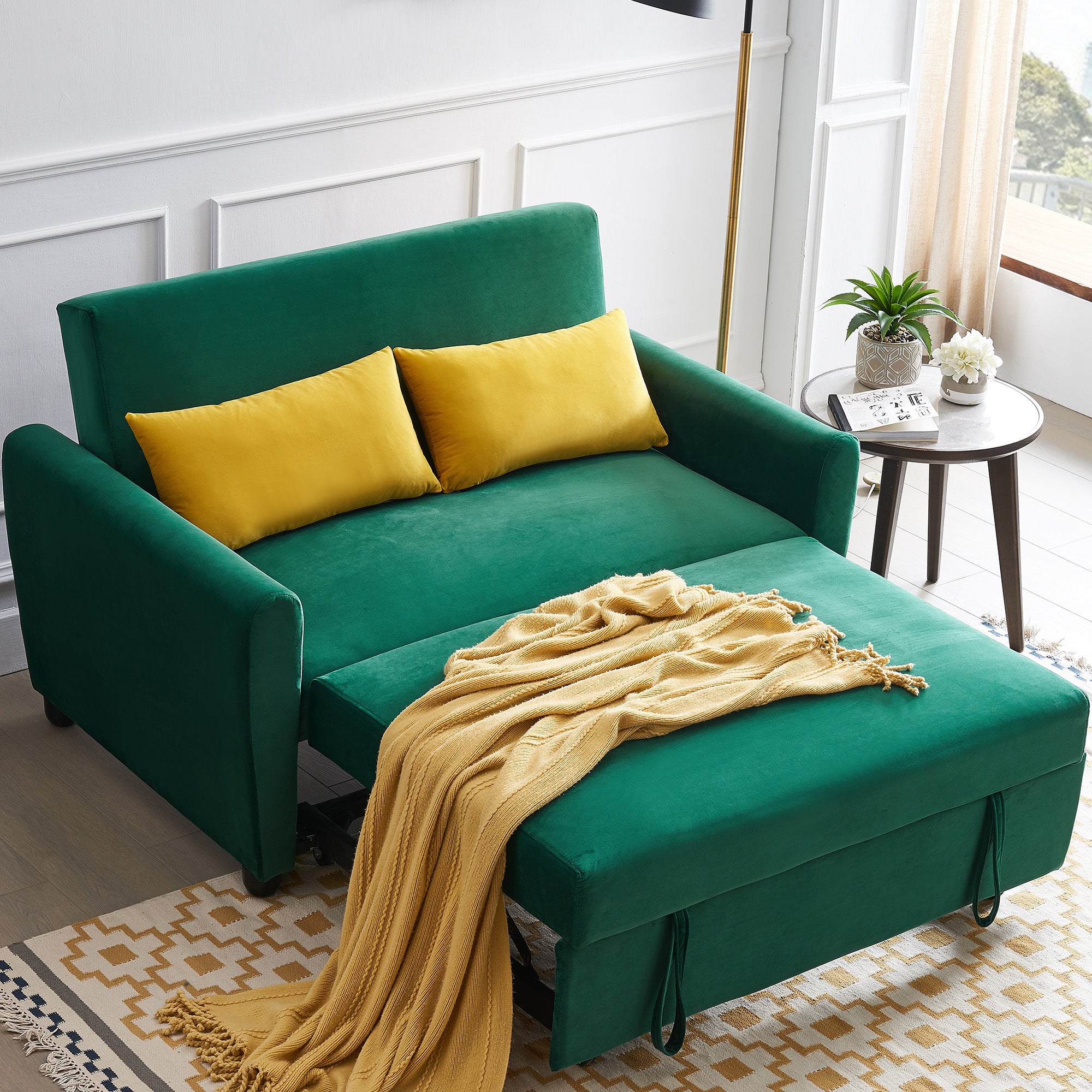 [VIDEO provided]55" Modern Velvet Sofa with Pull-Out Sleeper Bed with 2 Pillows Adjustable Backrest for Small Spaces Green - Atlantic Fine Furniture Inc