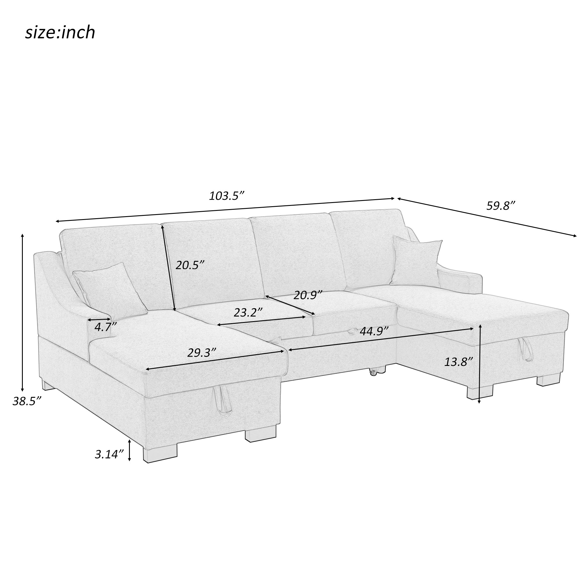 U_STYLE Upholstery Sleeper Sectional Sofa with Double Storage Spaces, 2 Tossing Cushions, Grey - Atlantic Fine Furniture Inc