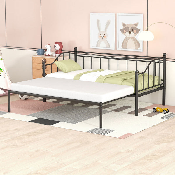 Twin Size Metal Daybed With Trundle, Daybed With Slat No Box Required - Black