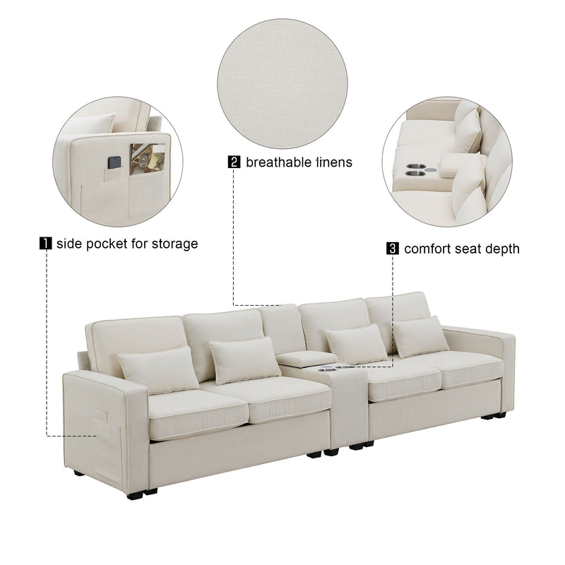114.2" Upholstered Sofa With Console, 2 Cupholders And 2 Usb Ports Wired Or Wirelessly Charged, Modern Linen Fabric Couches With 4 Pillows For Living Room (4-Seat)